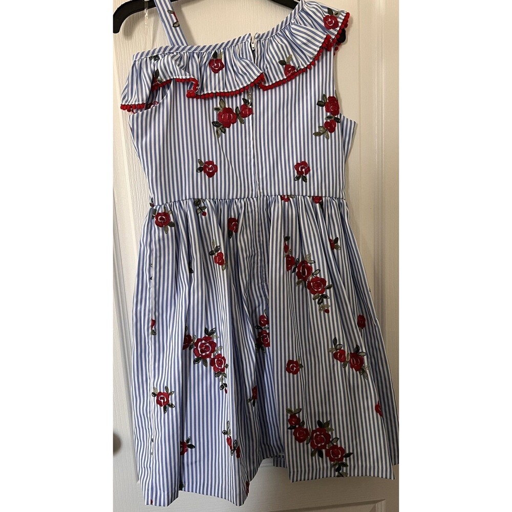 NWT Rare Editions Girls Striped With Flowers Chambray Dress - Size 14